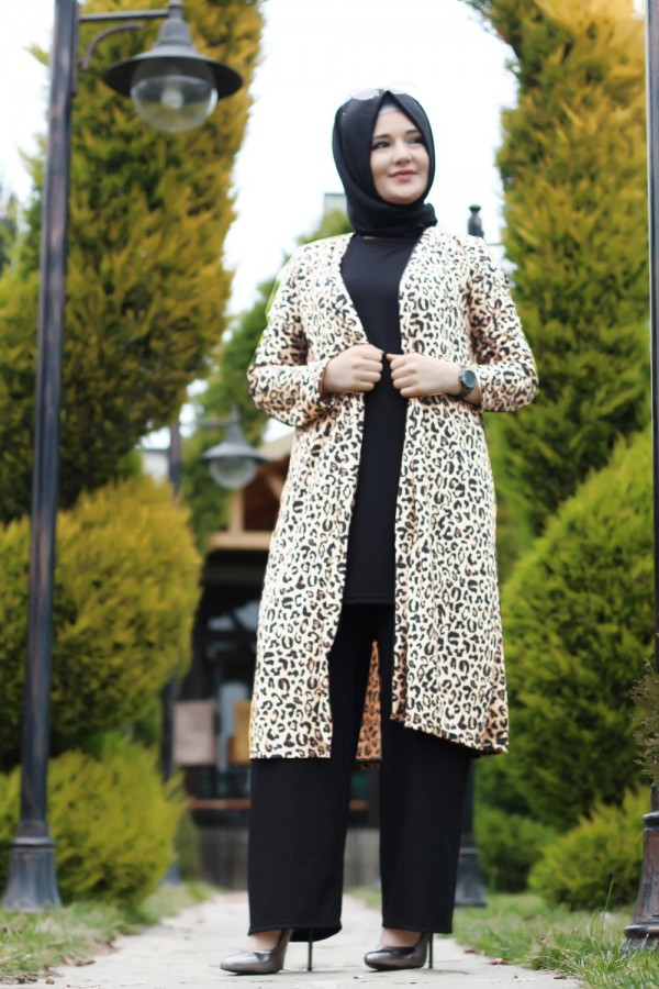 Büyük Beden Desenli Üçlü Takım kimono tunik pantolon Taş Leopar Büyük Beden Desenli Üçlü Takım kimono tunik pantolon Taş Leopar