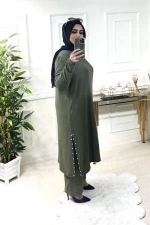 Şans Yanları Yırtmaçlı İncili Takım - Haki