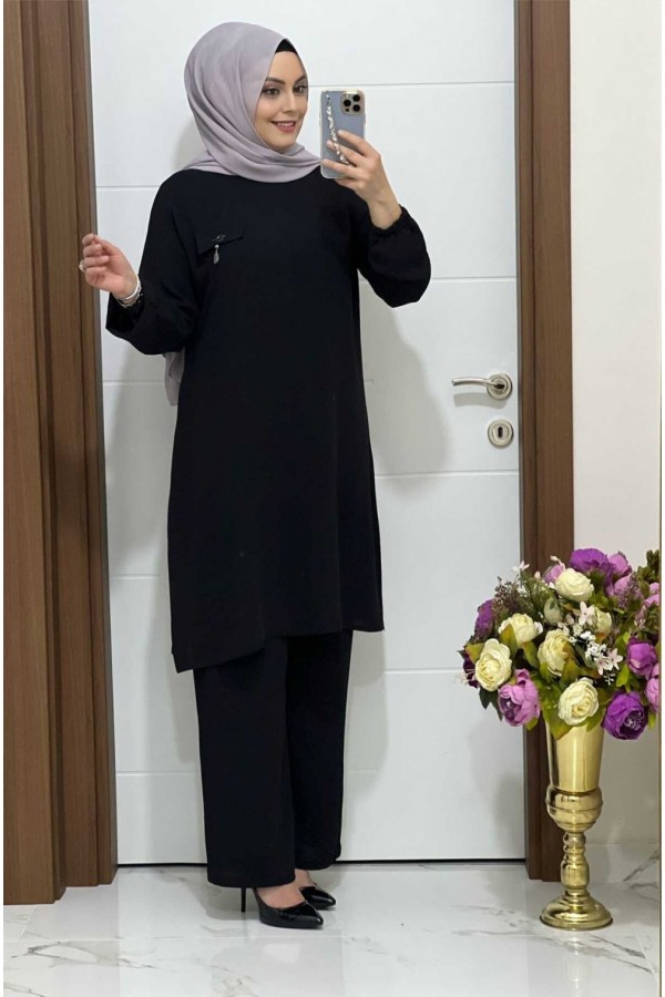 Azade Cep Detaylı Ayrobin İkili Takım - Siyah Azade Cep Detaylı Ayrobin İkili Takım - Siyah