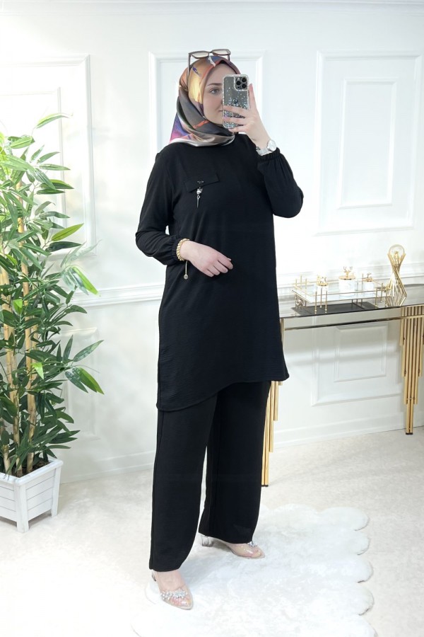 Azade Cep Detaylı Ayrobin İkili Takım - Siyah Azade Cep Detaylı Ayrobin İkili Takım - Siyah