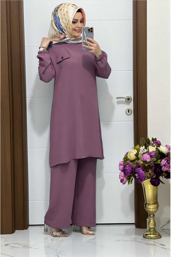 Azade Cep Detaylı Ayrobin İkili Takım - Gül Kurusu Azade Cep Detaylı Ayrobin İkili Takım - Gül Kurusu