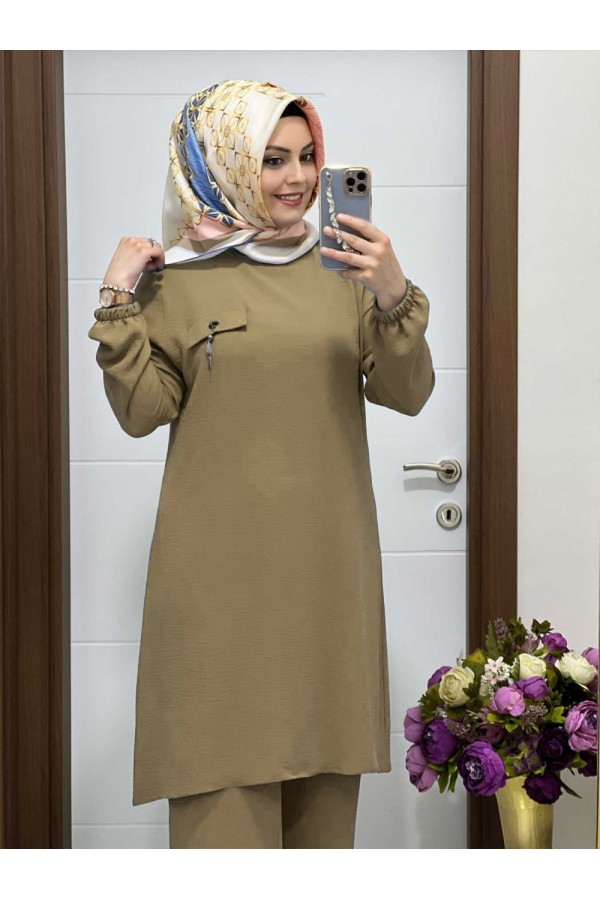 Azade Cep Detaylı Ayrobin İkili Takım - Latte Azade Cep Detaylı Ayrobin İkili Takım - Latte