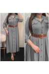 Büyük Beden Kemerli Düğmeli Ayrobin Pileli Elbise Gri
