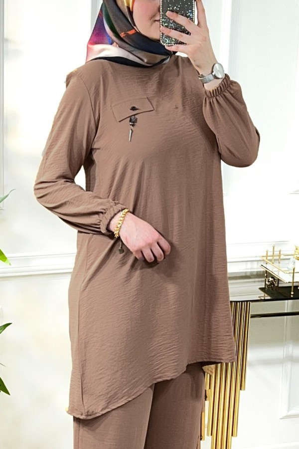 Azade Cep Detaylı Ayrobin İkili Takım - Karamel Azade Cep Detaylı Ayrobin İkili Takım - Karamel