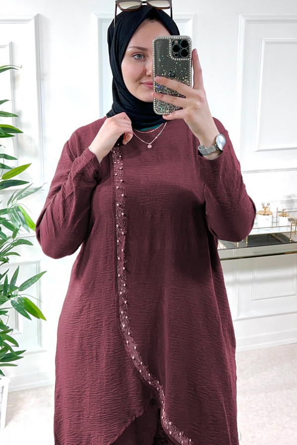 Şimal Büyük Beden Taşlı Takım Vişne Şimal Büyük Beden Taşlı Takım Vişne