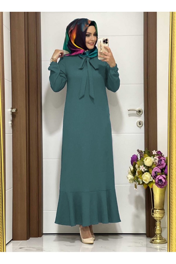 Kelebek Kravatlı Ayrobin Elbise - Petrol Yeşili