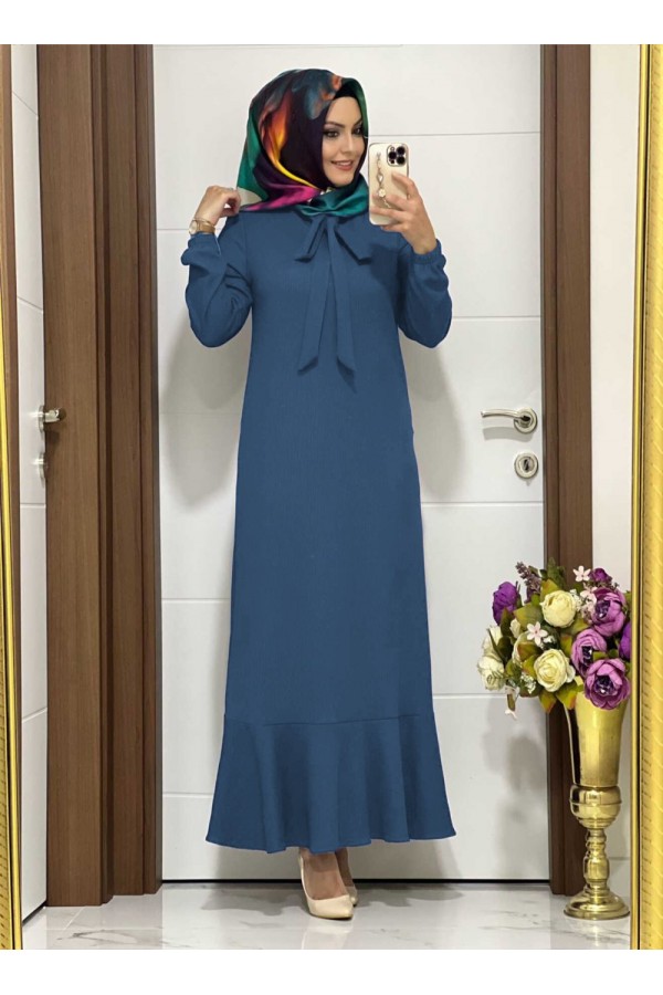 Kelebek Kravatlı Ayrobin Elbise - İndigo