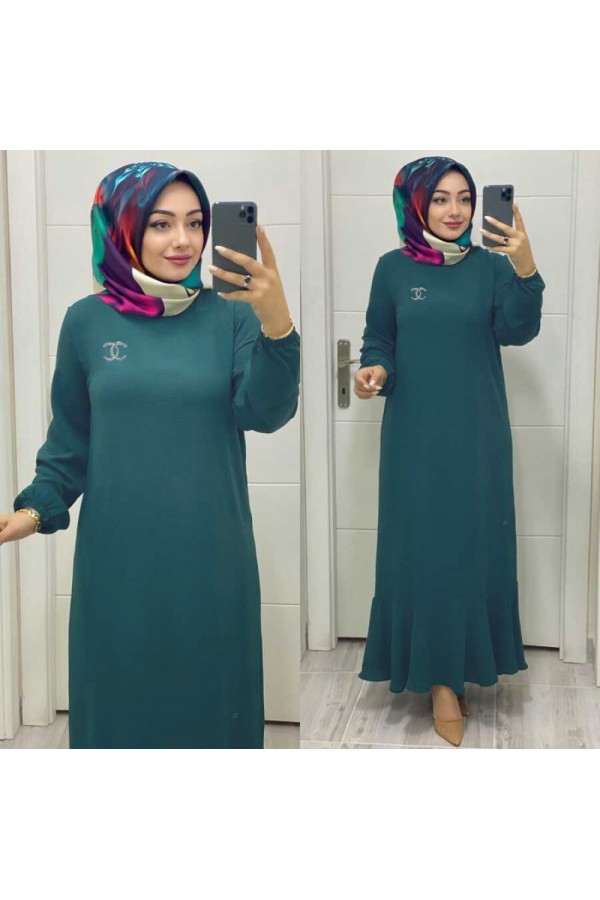 Gök Ayrobin Elbise - Taşlı Broş Hediyeli - Petrol Yeşili Gök Ayrobin Elbise - Taşlı Broş Hediyeli - Petrol Yeşili