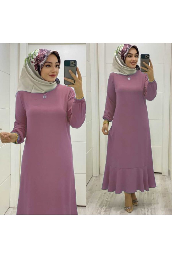 Gök Ayrobin Elbise - Taşlı Broş Hediyeli - Pudra