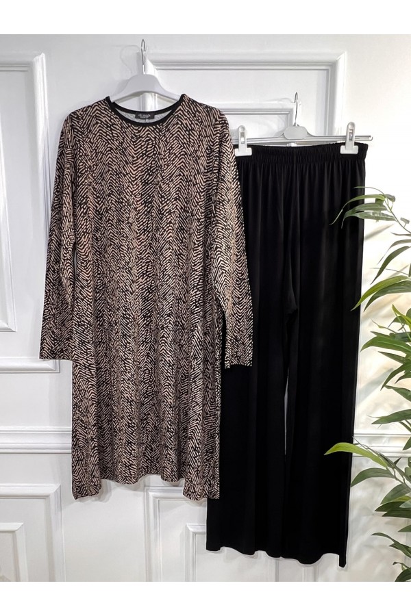 Pırıl Penye Viskon Takım - Kahve Parmak İzi Pırıl Penye Viskon Takım - Kahve Parmak İzi