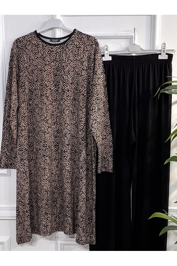 Pırıl Penye Viskon Takım - Kahve Parmak İzi Pırıl Penye Viskon Takım - Kahve Parmak İzi