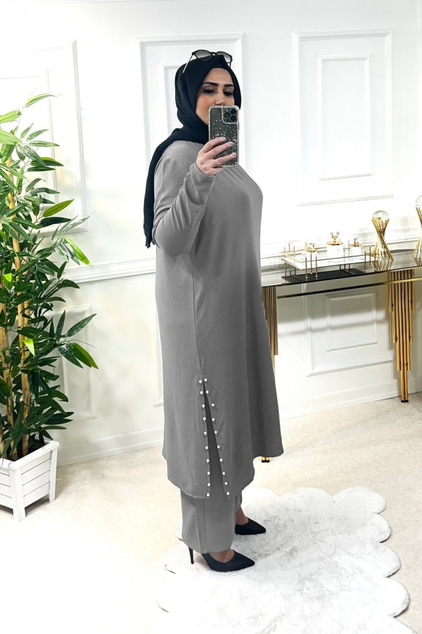 Şans Yanları Yırtmaçlı İncili Takım - Gri Şans Yanları Yırtmaçlı İncili Takım - Gri