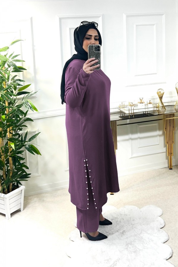 Şans Yanları Yırtmaçlı İncili Takım - Açık Mürdüm