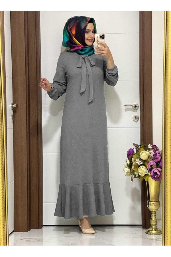 Kelebek Kravatlı Ayrobin Elbise - Gri
