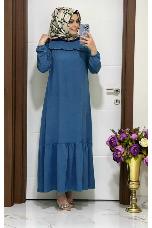 Fırfır Ayrobin Elbise - İndigo