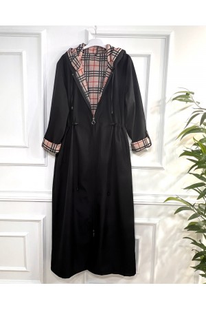Ecmel İçi Ekose Desenli  Tam Boy Trenç - Siyah 