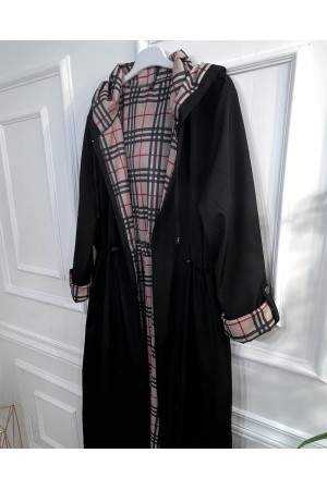 Ecmel İçi Ekose Desenli Tam Boy Trenç - Siyah Ecmel İçi Ekose Desenli Tam Boy Trenç - Siyah
