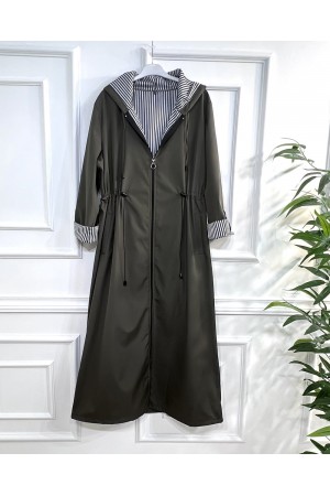 Açelya İçi Çizgili Tam Boy Trenç - Haki