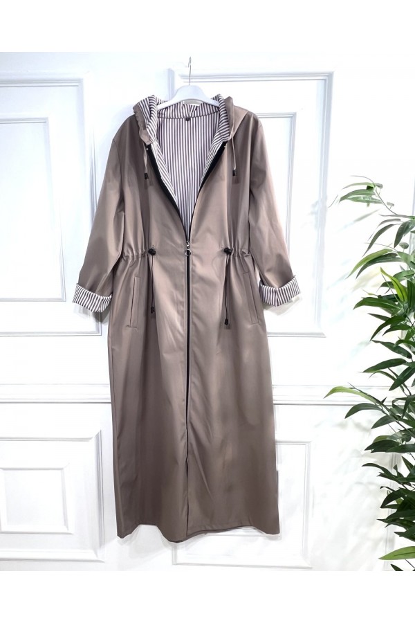 Açelya İçi Çizgili Tam Boy Trenç - Bej