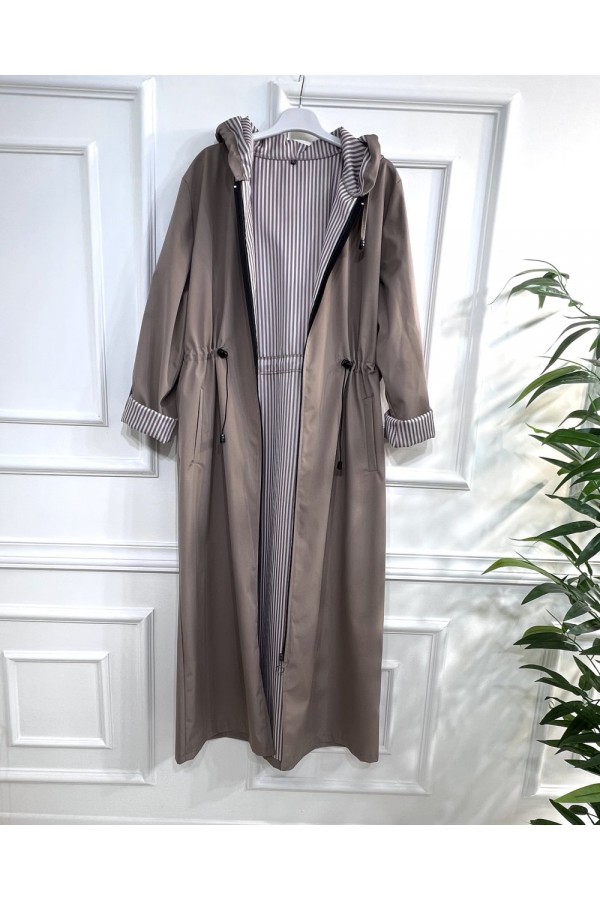 Açelya İçi Çizgili Tam Boy Trenç - Bej