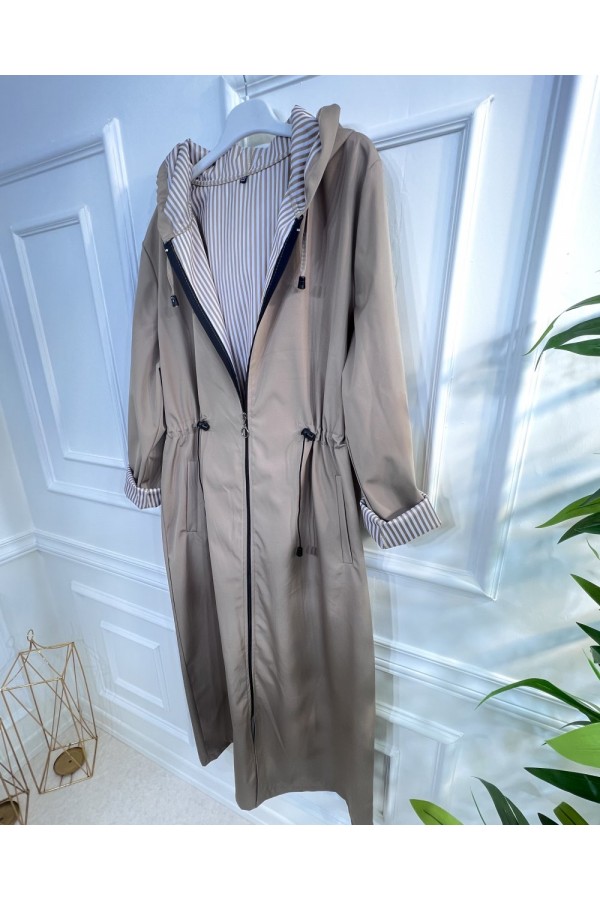 Açelya İçi Çizgili Tam Boy Trenç - Bej