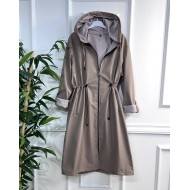 Çisem Ara Boy Duble Kol İçi Çizgi Desenli Bondit Kapşonlu Trenç  Vizon