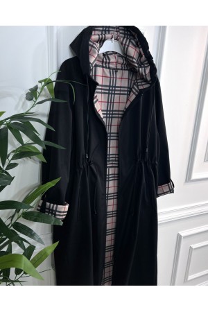 Ekim Araboy İçi Ekose Desenli Bondit Kapşonlu Trenç-Siyah Ekim Araboy İçi Ekose Desenli Bondit Kapşonlu Trenç-Siyah