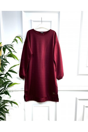 Derin Arma Detaylı İki İplik Penye Tunik - Bordo