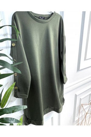 Aysima Kolları Düğme Detaylı İki İplik Tunik - Haki
