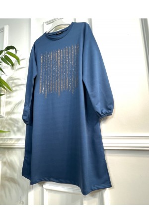 Ritim Taş Detaylı İki İplik Tunik - İndigo 