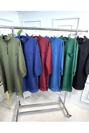 Asya Fermuar Detaylı İki İplik Penye Tunik - Haki