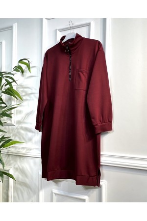 Asya Fermuar Detaylı İki İplik Penye Tunik - Bordo