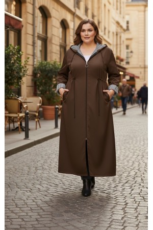 Açelya İçi Çizgili Tam Boy Trenç - Kahverengi