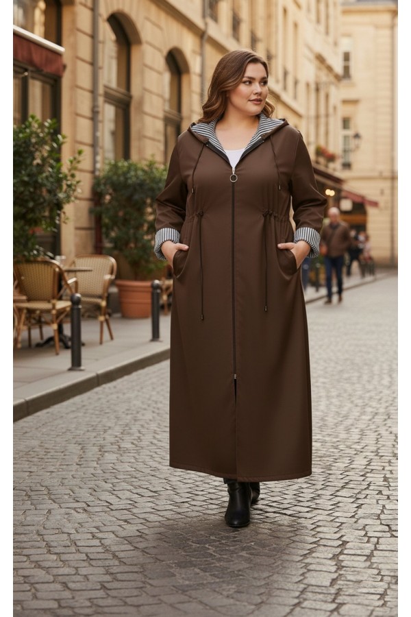 Açelya İçi Çizgili Tam Boy Trenç - Kahverengi