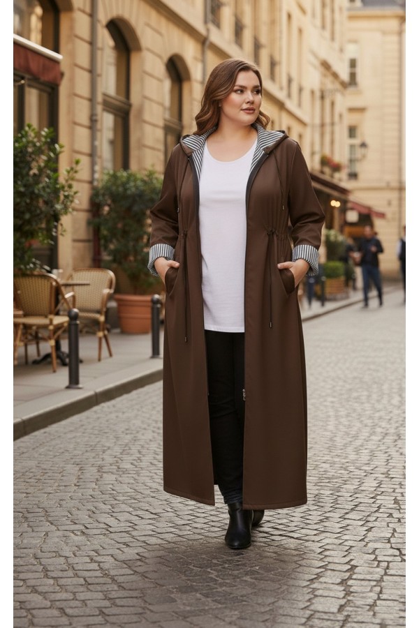 Açelya İçi Çizgili Tam Boy Trenç - Kahverengi