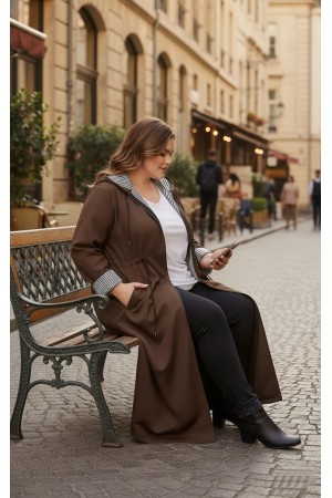 Açelya İçi Çizgili Tam Boy Trenç - Kahverengi Açelya İçi Çizgili Tam Boy Trenç - Kahverengi