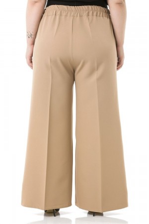 Mayra  Yan Cepli Dabıl Krep Bol Paça Pantolon - Vizon