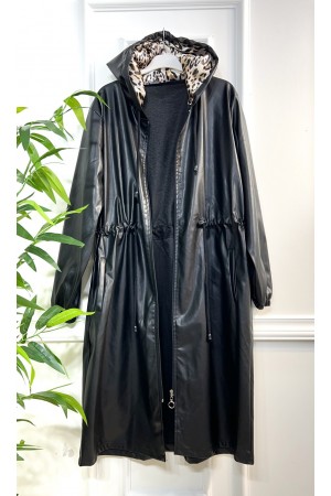 Benna Beli Büzgülü Kapşonlu Ara Boy Deri Trenç - Siyah Benna Beli Büzgülü Kapşonlu Ara Boy Deri Trenç - Siyah