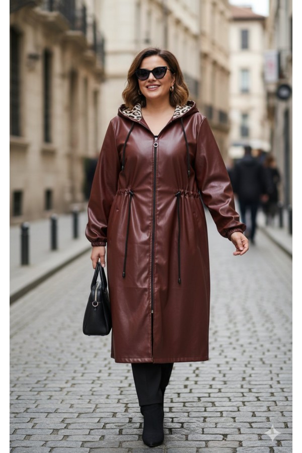 Benna Beli Büzgülü Kapşonlu Ara Boy Deri Trenç - Bordo Benna Beli Büzgülü Kapşonlu Ara Boy Deri Trenç - Bordo