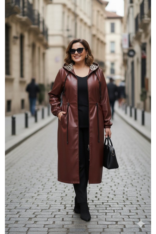 Benna Beli Büzgülü Kapşonlu Ara Boy Deri Trenç - Bordo Benna Beli Büzgülü Kapşonlu Ara Boy Deri Trenç - Bordo