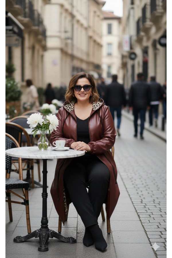 Benna Beli Büzgülü Kapşonlu Ara Boy Deri Trenç - Bordo Benna Beli Büzgülü Kapşonlu Ara Boy Deri Trenç - Bordo