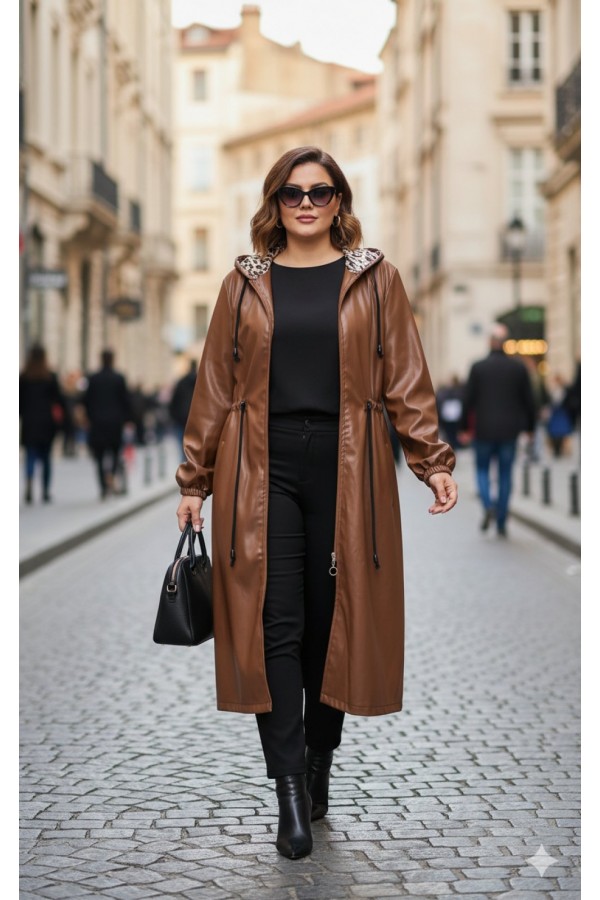 Benna Beli Büzgülü Kapşonlu  Ara Boy Deri Trenç - Taba