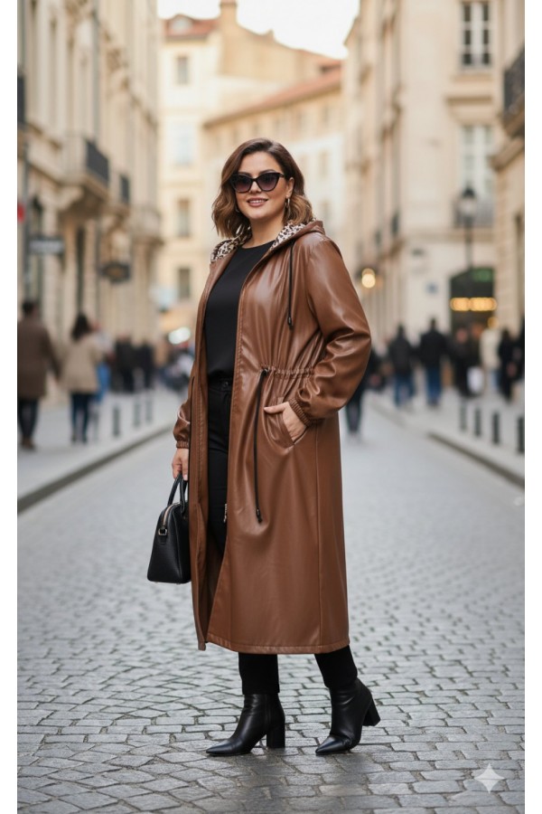 Benna Beli Büzgülü Kapşonlu  Ara Boy Deri Trenç - Taba