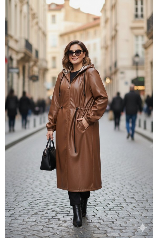 Benna Beli Büzgülü Kapşonlu  Ara Boy Deri Trenç - Taba