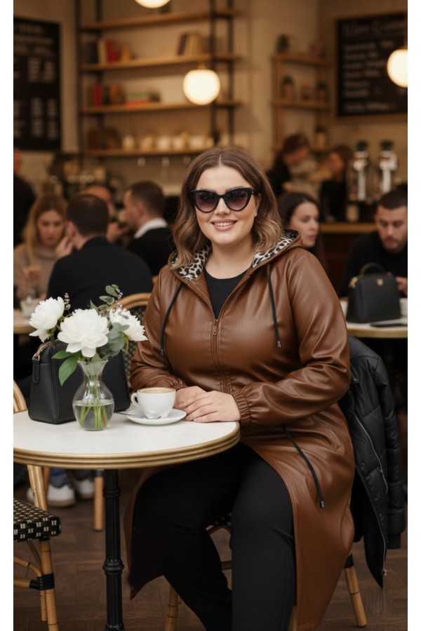 Benna Beli Büzgülü Kapşonlu  Ara Boy Deri Trenç - Taba