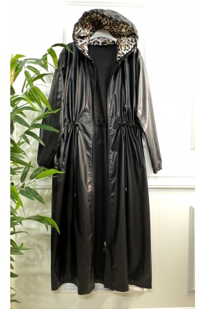 Lema Beli Büzgülü Kapşonlu Tam Boy Deri Trenç - Siyah Lema Beli Büzgülü Kapşonlu Tam Boy Deri Trenç - Siyah