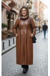 Lema Beli Büzgülü Kapşonlu Tam Boy Deri Trenç - Taba