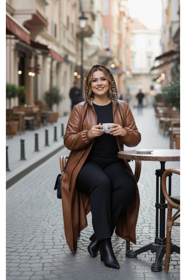 Lema Beli Büzgülü Kapşonlu Tam Boy Deri Trenç - Taba Lema Beli Büzgülü Kapşonlu Tam Boy Deri Trenç - Taba