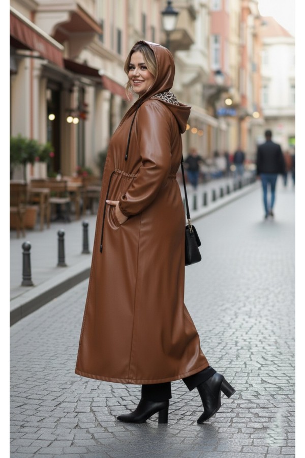 Lema Beli Büzgülü Kapşonlu Tam Boy Deri Trenç - Taba Lema Beli Büzgülü Kapşonlu Tam Boy Deri Trenç - Taba