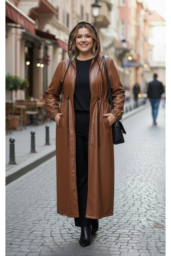 Lema Beli Büzgülü Kapşonlu Tam Boy Deri Trenç - Taba Lema Beli Büzgülü Kapşonlu Tam Boy Deri Trenç - Taba